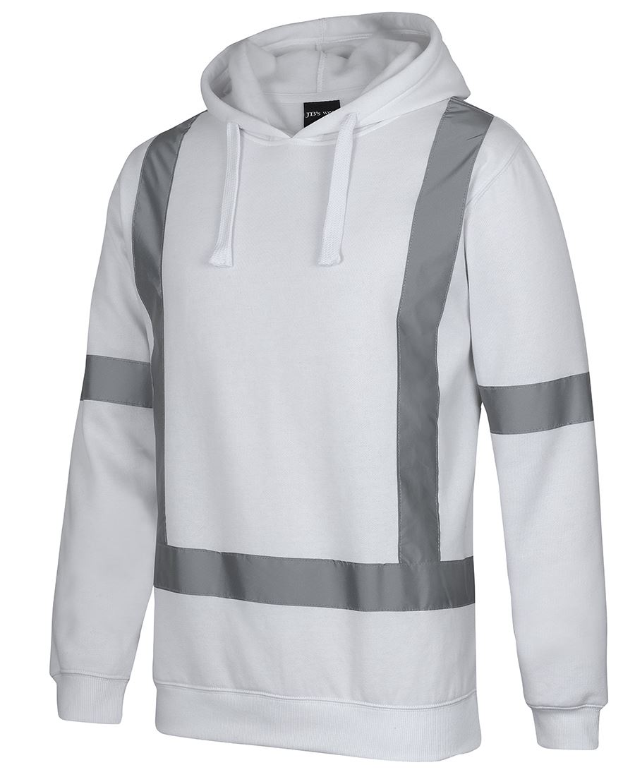 jb's white fleece hoodie with reflective tape front