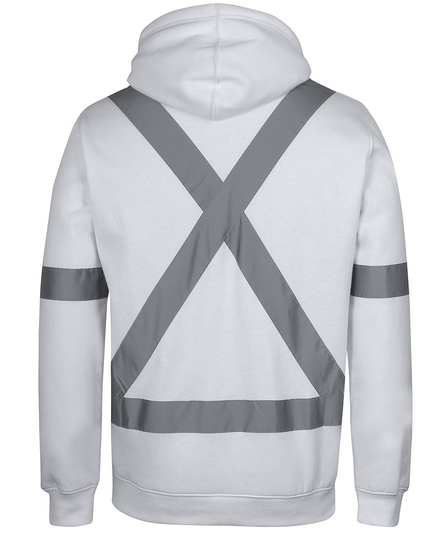 jb's white fleece hoodie with reflective tape back