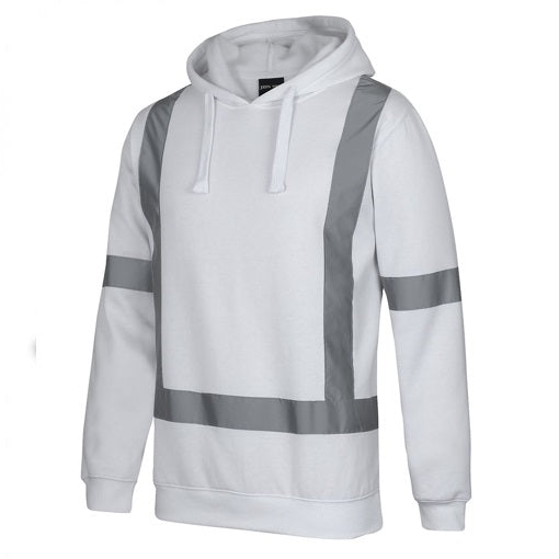 jb's white fleece hoodie with reflective tape front