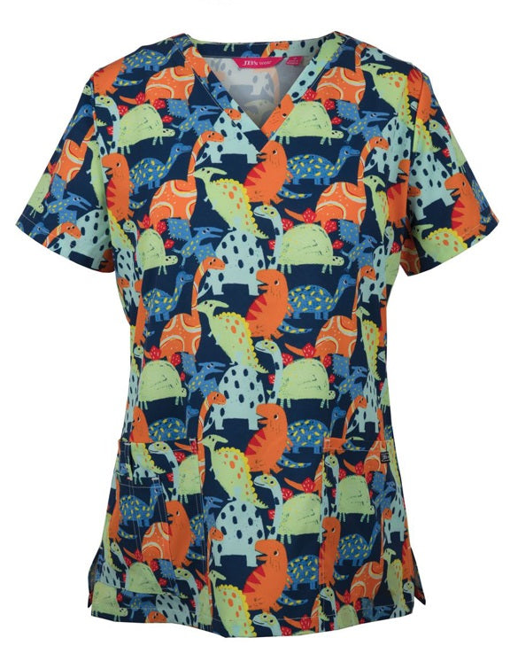 JB's Ladies Printed Scrubs Top - Dino