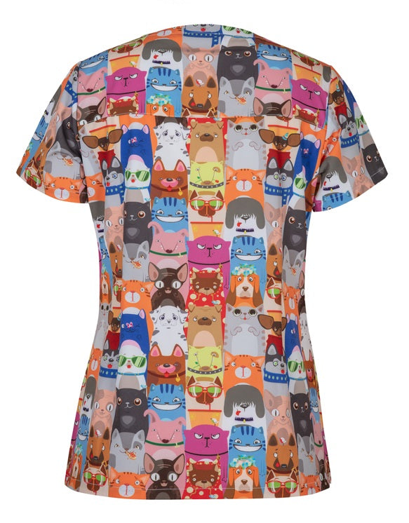 JB's Ladies Printed Scrubs Top - Cats & Dogs