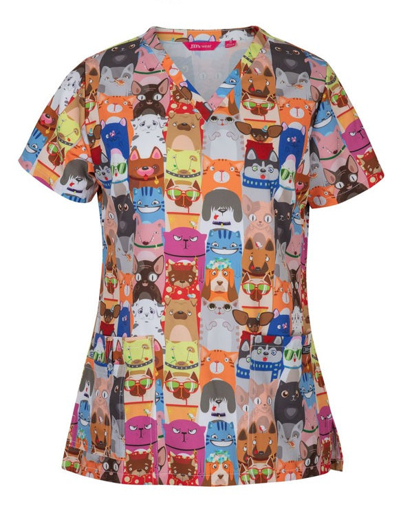 JB's Ladies Printed Scrubs Top - Cats & Dogs