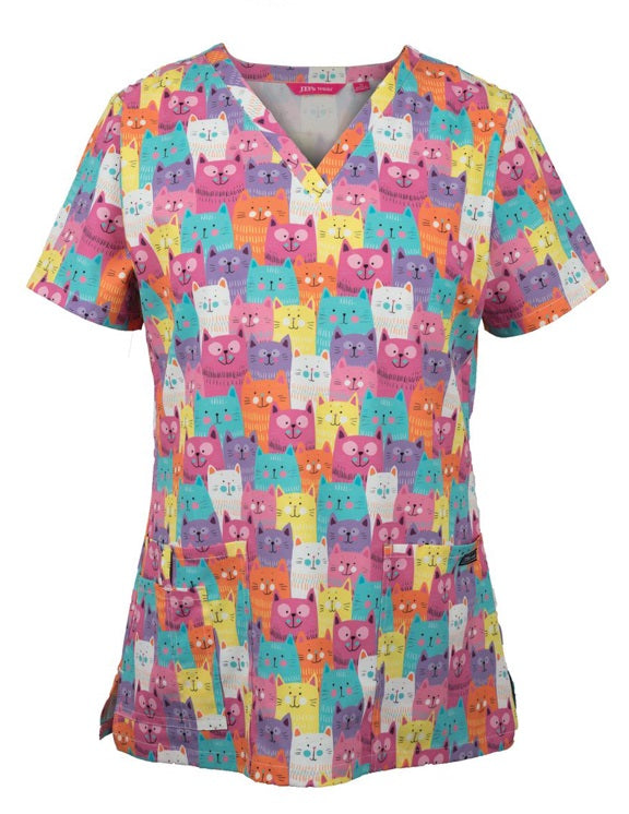 JB's Ladies Printed Scrubs Top - Cats